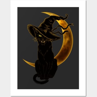 Black Cat with Witch Hat and Crescent Moon Posters and Art